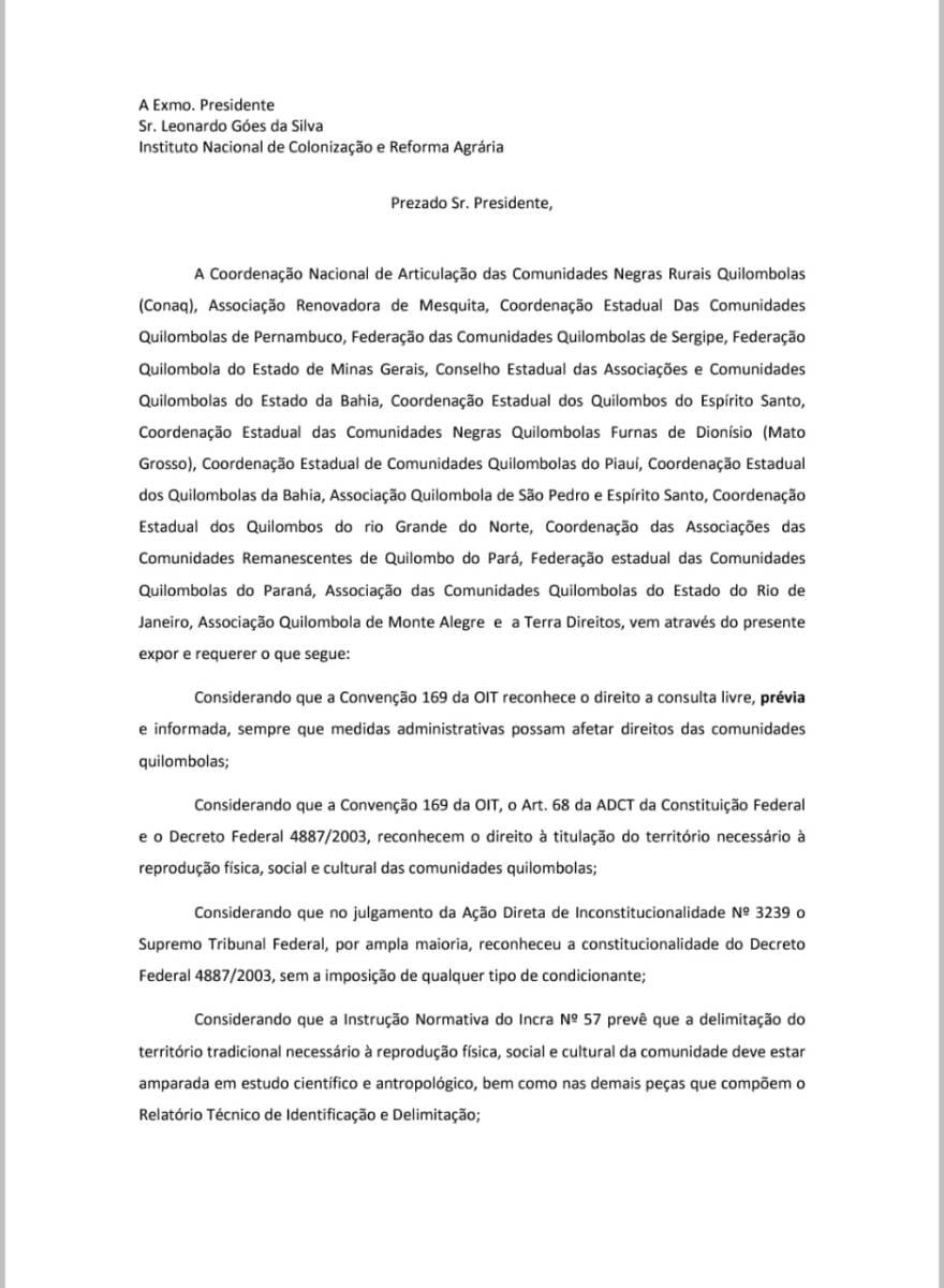 CONAQ e coordenações quilombolas de todo o país não apoiam resolução do INCRA que reduz o Quilombo de Mesquita-GO